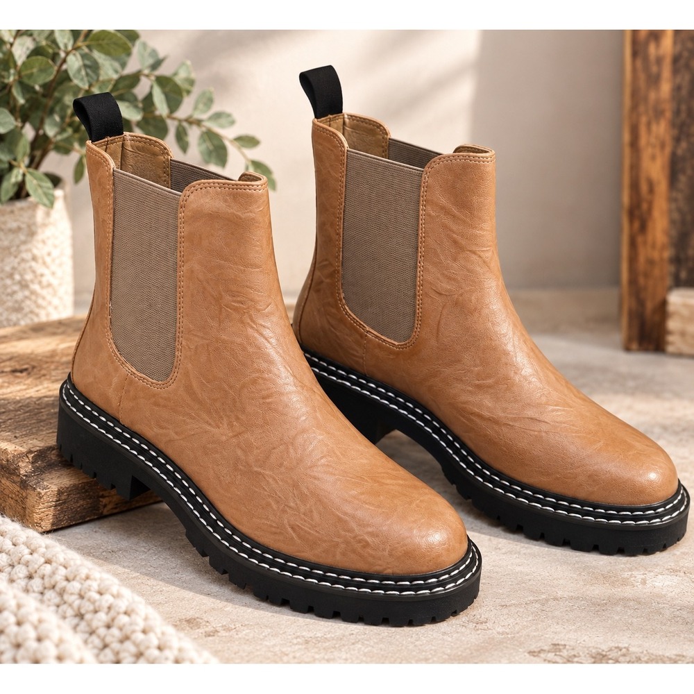 NWT Caramel Crinkle Leather Chelsea Boots Chunky Lug Sole Minimalist Sz 7.5M